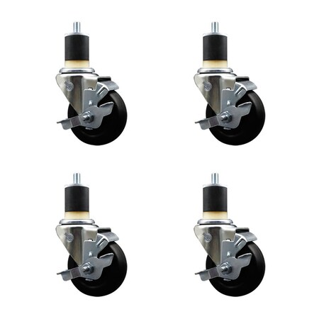 Service Caster 3.5'' Soft Rubber Swivel 1-7/8'' Expanding Stem Caster Set with Brake, 4PK SCC-EX20S3514-SRS-TLB-178-4